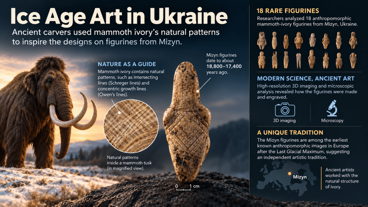 Infographic showing how mammoth ivory’s natural patterns influenced 18,000-year-old figurines from Mizyn, Ukraine.