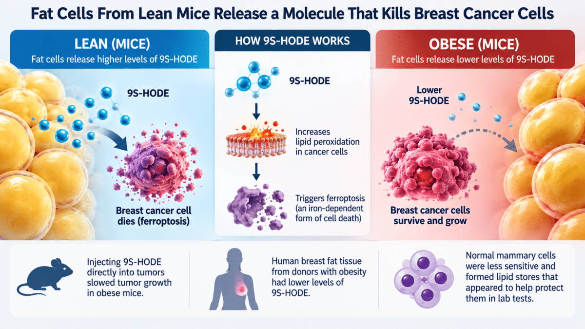 Infographic showing how 9S-HODE from lean mouse fat cells triggers ferroptosis in breast cancer cells, while obesity reduces 9S-HODE.