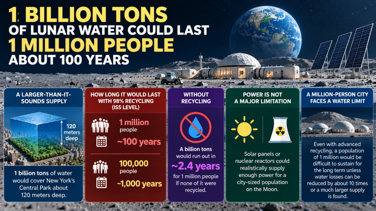 Infographic showing how 1 billion tons of lunar water could support 1 million people for about 100 years with 98% recycling.