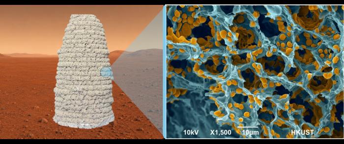 Living building material can be 3D printed under simulated Martian conditions at –30°C and 0.01 atm (left). A microscopic view reveals the material’s porous structure with polymers and engineered yeast highlighted in yellow (right).