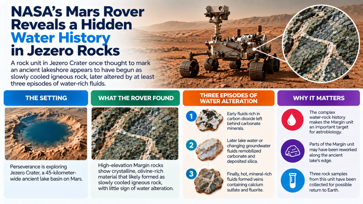 Infographic showing Perseverance findings that Jezero Crater rocks record three episodes of water-rich alteration.