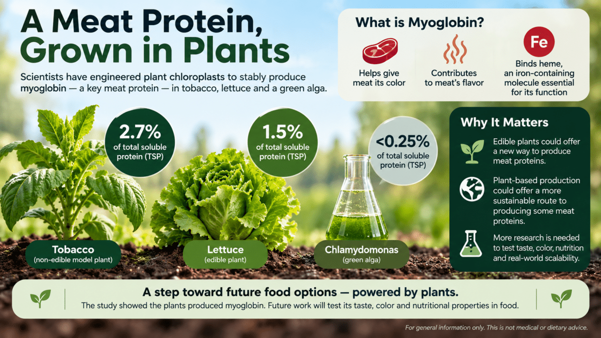 Infographic showing plant-produced myoglobin in tobacco, lettuce, and green algae, with protein yields and potential food applications.