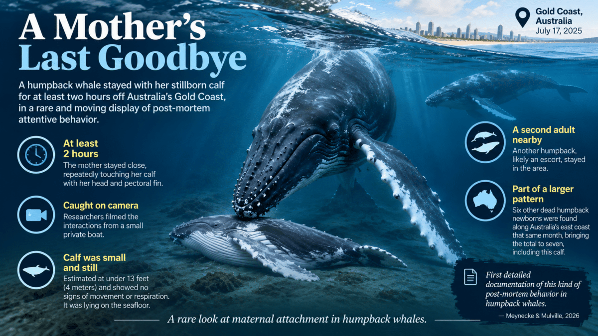 Infographic showing a mother humpback whale staying beside and touching her stillborn calf off Australia’s Gold Coast.