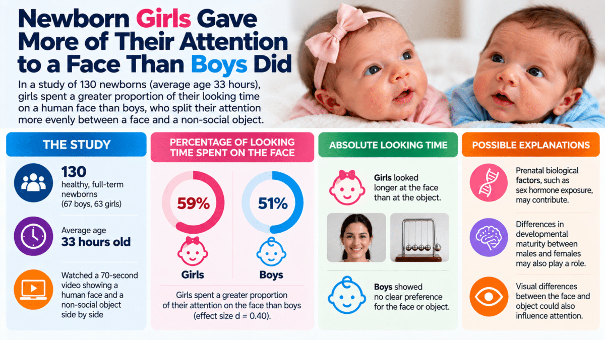 Infographic showing newborn girls devoted a greater share of their attention to a human face than newborn boys in a study of 130 babies.