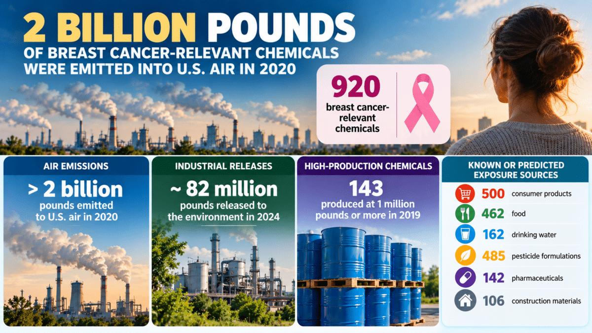 Infographic showing more than 2 billion pounds of breast cancer-relevant chemicals emitted into U.S. air in 2020