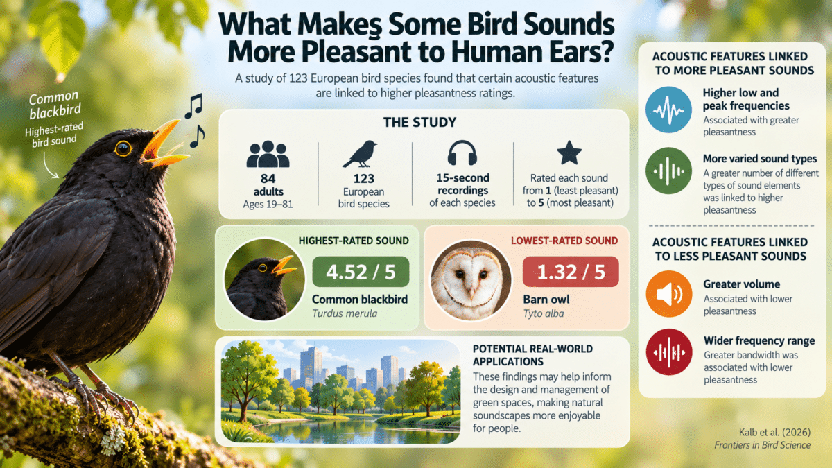 Infographic showing which acoustic features made bird sounds more or less pleasant to 84 adults listening to 123 European bird species.
