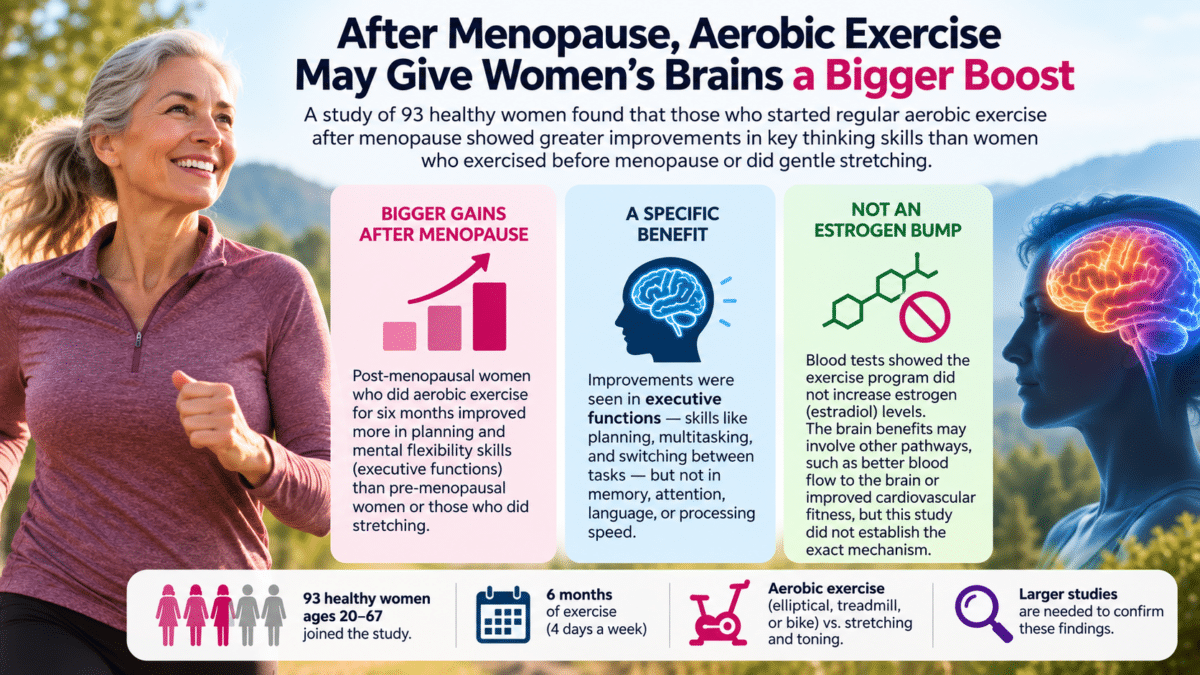 Infographic showing greater executive-function gains from aerobic exercise in post-menopausal women.