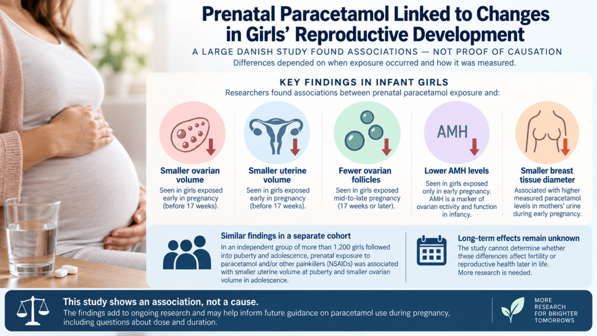 Infographic showing prenatal paracetamol exposure linked to differences in girls’ ovarian and uterine development.