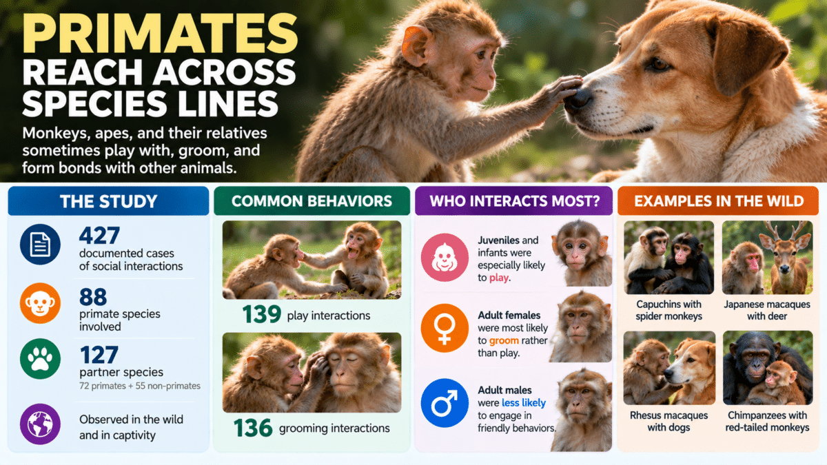 Infographic showing 427 documented cases of primates playing, grooming, and interacting socially with animals of other species.