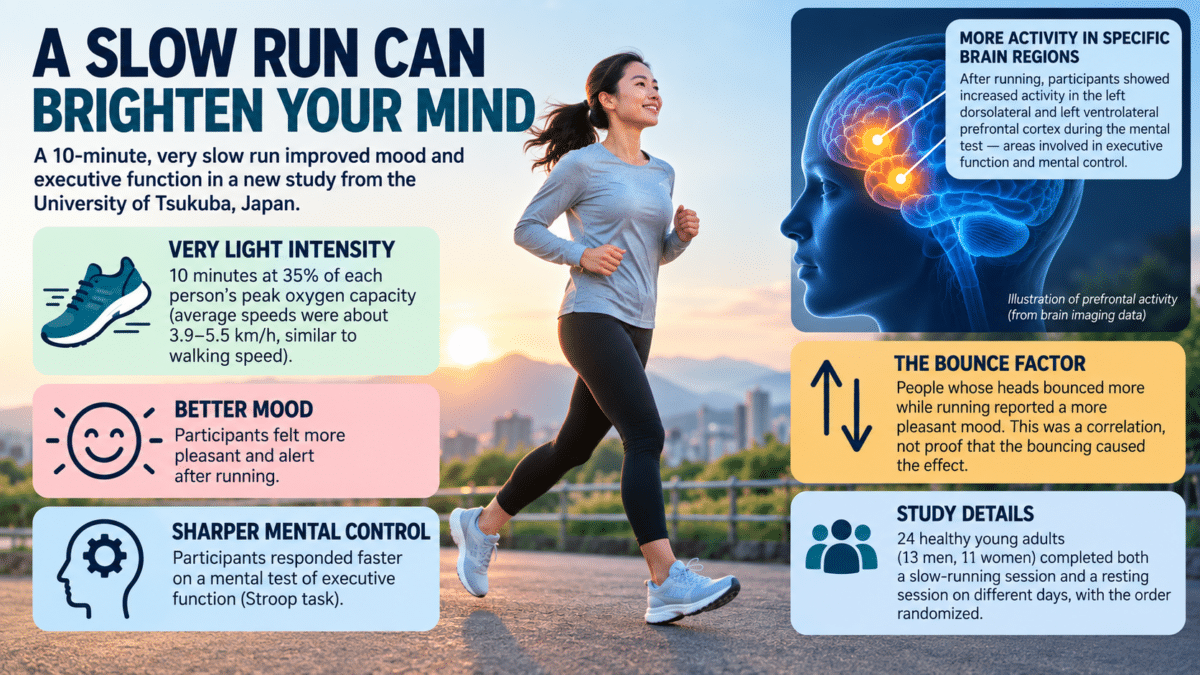 Infographic showing a slow runner and findings that 10 minutes of very light running improved mood and executive function in young adults.