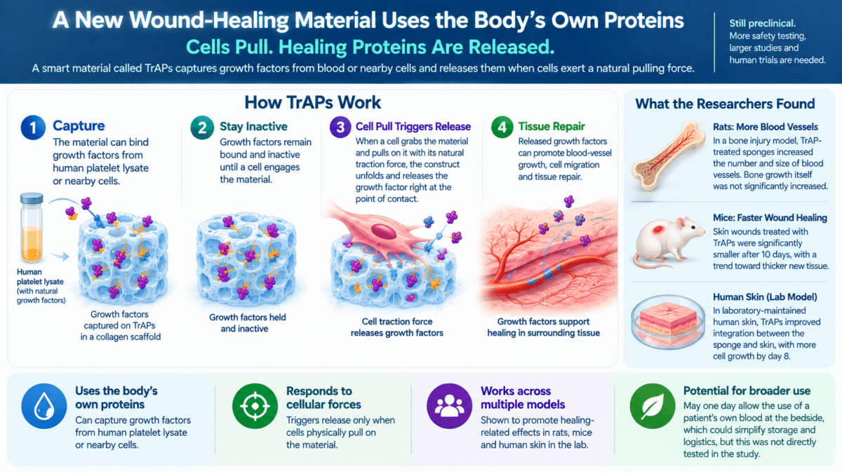 Infographic showing how TrAP biomaterials capture healing growth factors and release them when cells pull on the material.