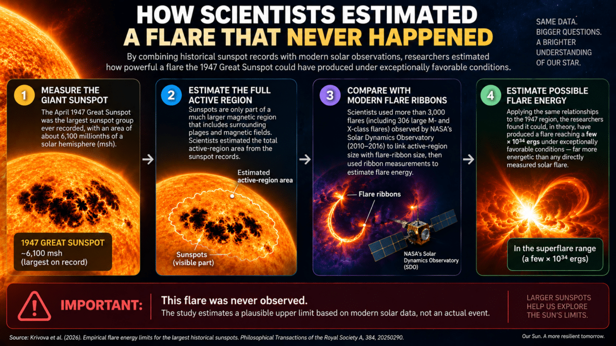 Infographic showing how scientists estimated the possible flare energy of the record 1947 Great Sunspot using modern solar observations.