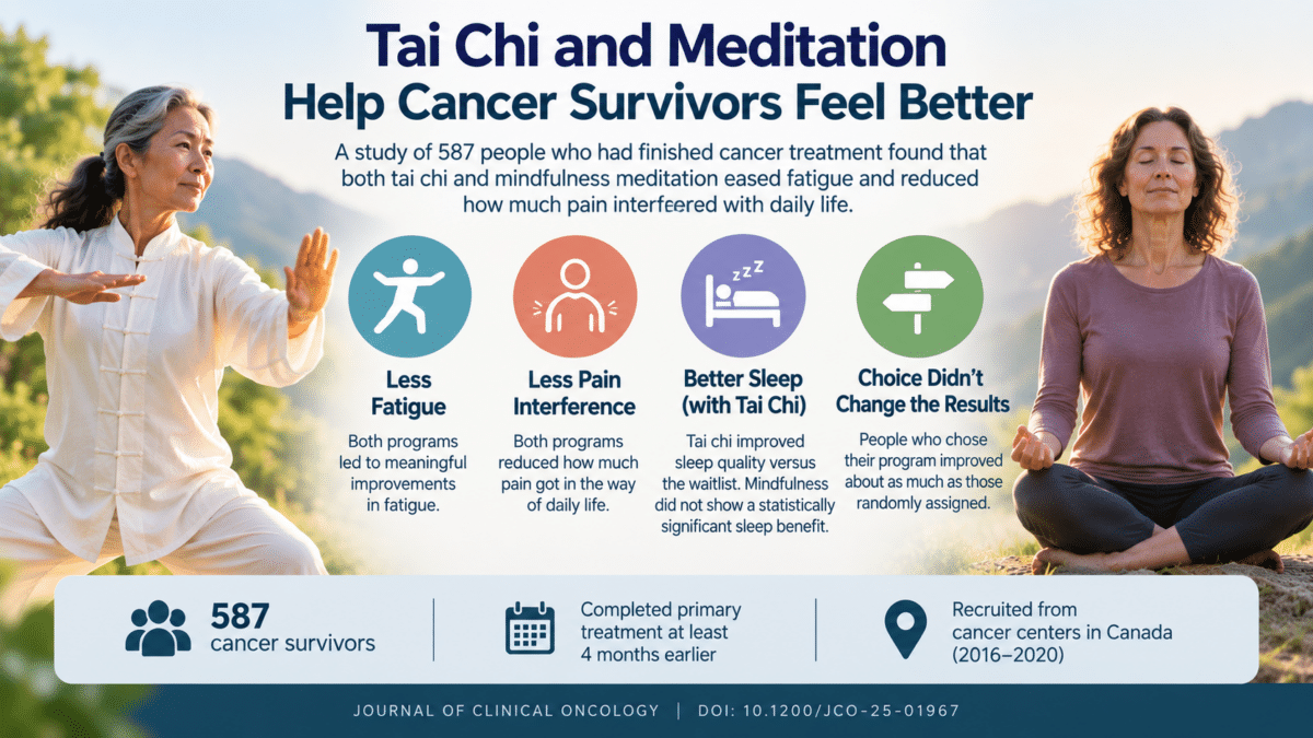Infographic showing tai chi and mindfulness benefits for fatigue, pain interference, and sleep in cancer survivors.