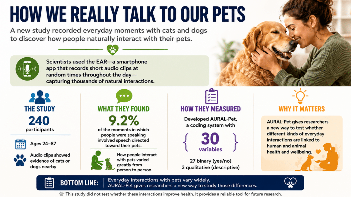 Infographic showing how researchers recorded and measured everyday interactions between people, cats, and dogs using AURAL-Pet.