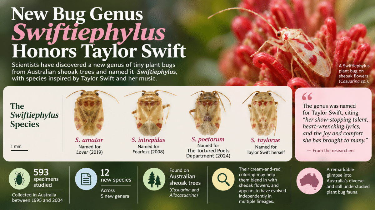 Infographic showing the new Australian plant bug genus Swiftiephylus, named for Taylor Swift, and its four species.