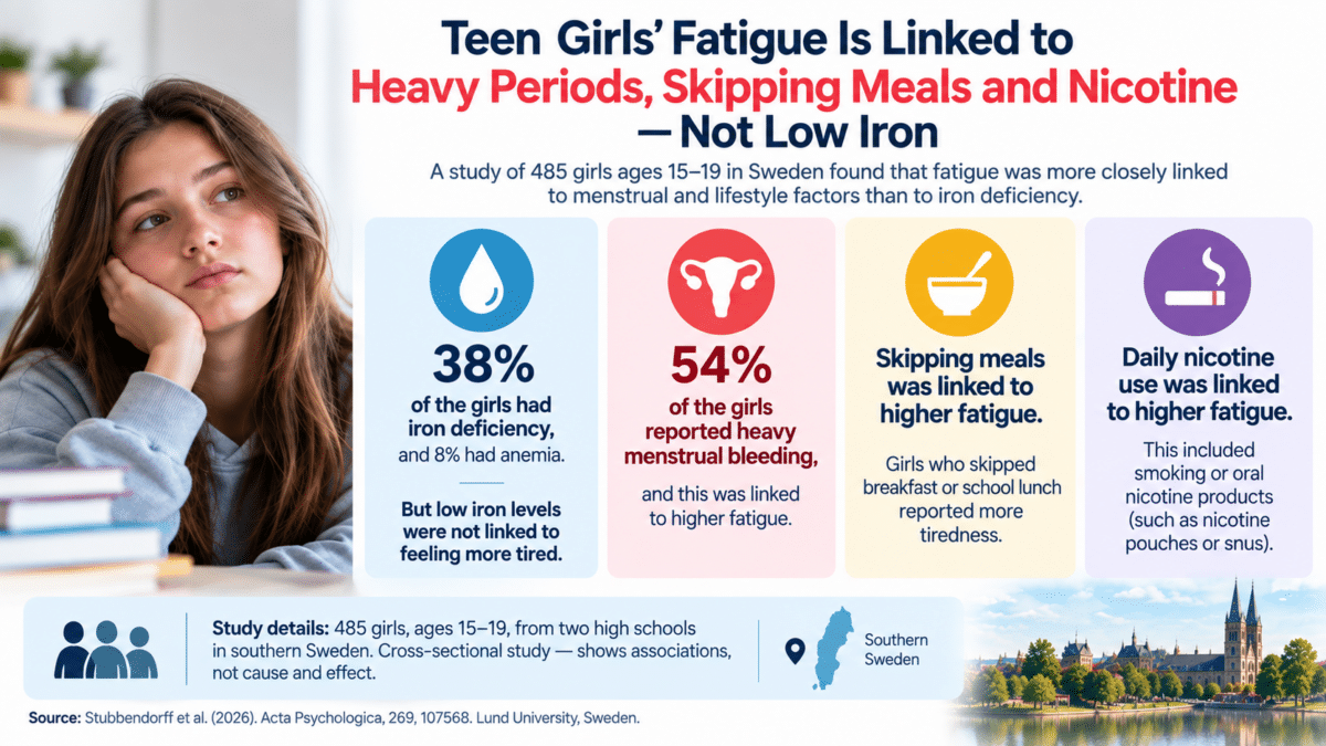 Infographic showing teen girls’ fatigue linked to heavy periods, skipped meals, and nicotine use rather than low iron.