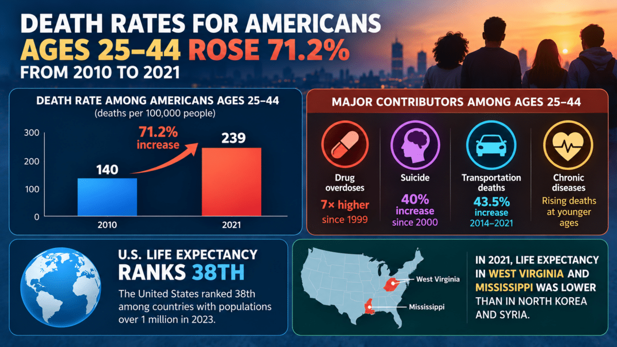 Infographic showing a 71.2% rise in death rates among Americans ages 25–44 from 2010 to 2021.
