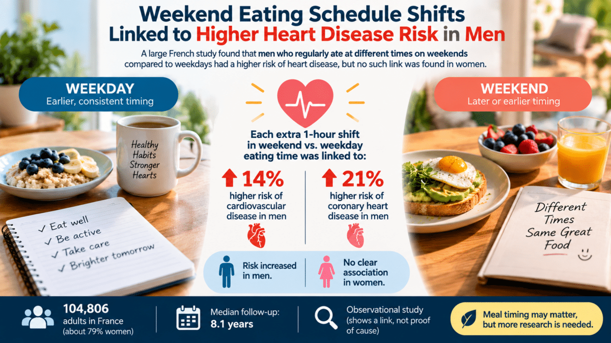 Infographic showing weekend eating schedule shifts linked to higher heart disease risk in men.