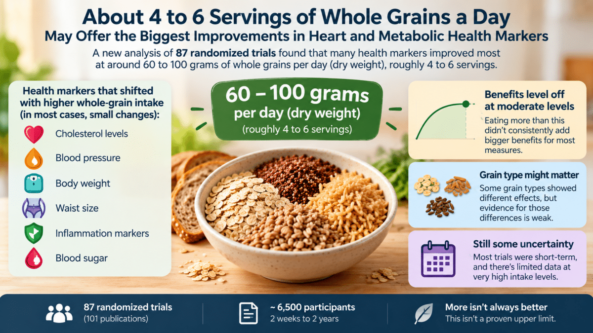 Infographic showing whole-grain intake of roughly 4 to 6 servings daily and changes in heart and metabolic health markers.