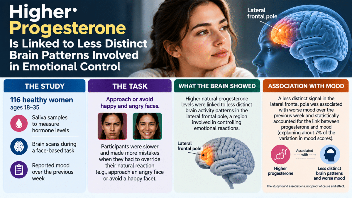 Infographic showing higher progesterone linked to less distinct brain patterns involved in emotional control in 116 healthy young women.