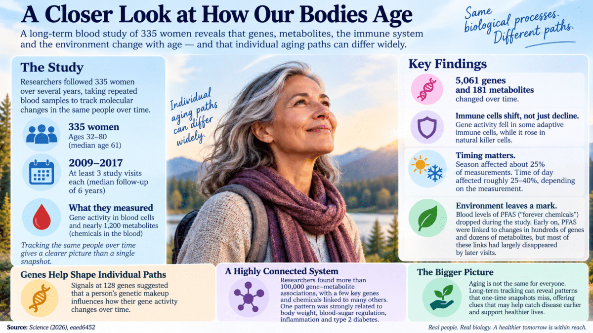 Infographic showing how genes, metabolites and immune activity change with age in a long-term study of 335 women.