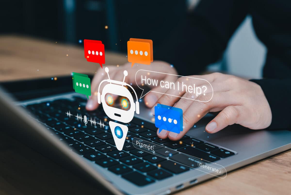Generative AI chat concept for prompt based online work. Person using laptop with virtual robot assistant, colorful message bubbles, voice input, and smart response interface. Chatbot, AI Agents,