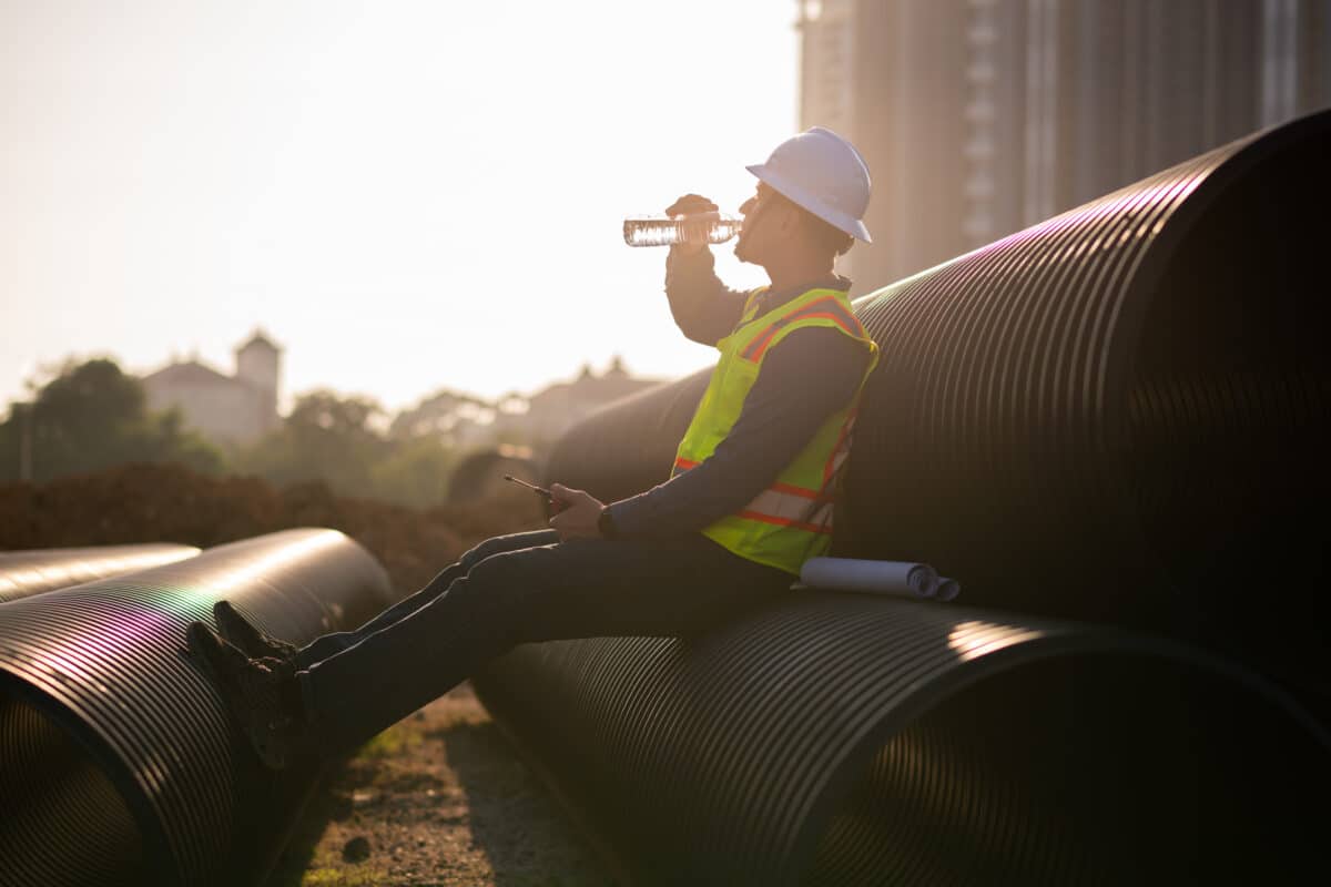 Construction worker well-deserved break, sitting large black industrial pipes site holds water bottle taking necessary breaks in physically demanding jobs.