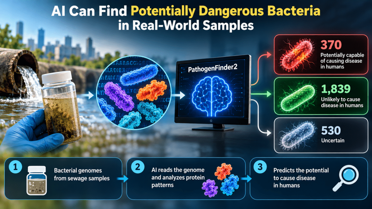 Infographic showing how PathogenFinder2 uses AI to analyze bacterial genomes from sewage, flagging 370 potentially harmful bacteria.