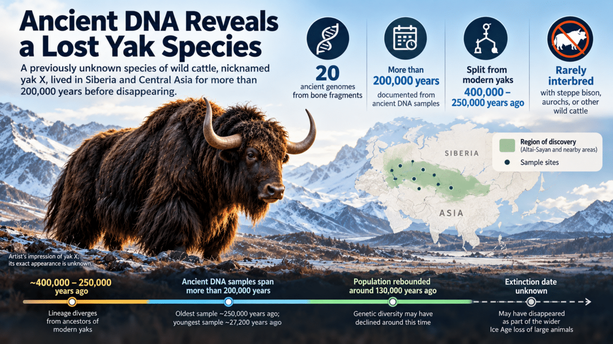 Infographic showing an artist’s impression of extinct yak X, with ancient DNA findings, evolutionary timeline, and discovery sites in Siberia.