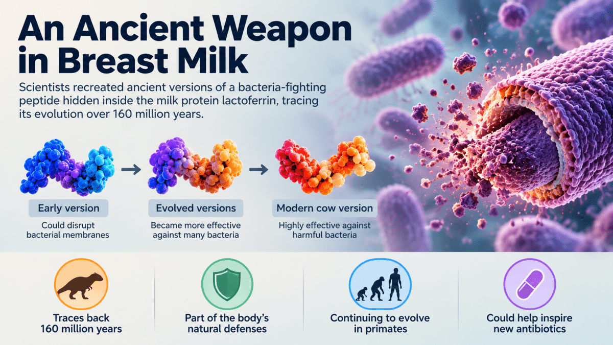 Infographic showing how an ancient breast milk protein evolved over 160 million years to develop bacteria-killing abilities.