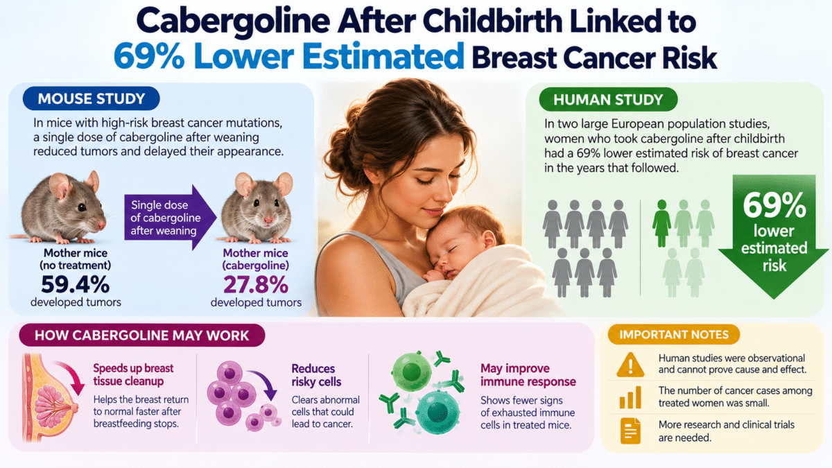 Infographic showing cabergoline's link to 69% lower estimated breast cancer risk after childbirth, with findings from mouse and human studies.