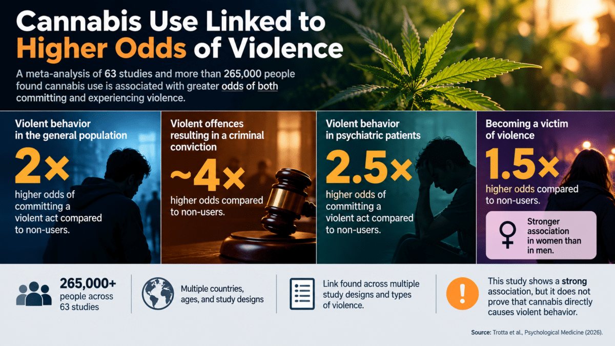Infographic showing cannabis use linked to twice the odds of violence, four times the odds of violent convictions, and higher odds of victimization.