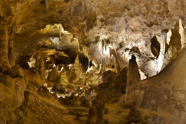 Cave formation of stalactites and stalagmites in the Big Room of Carlsbad Caverns National Park