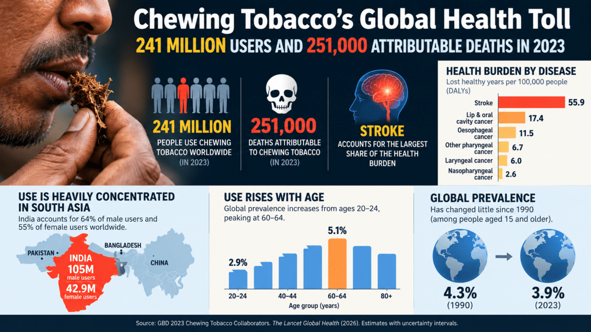 Infographic showing 241 million chewing tobacco users and 251,000 attributable deaths in 2023, with stroke causing the largest health burden.
