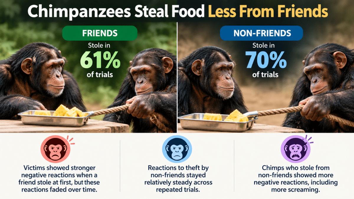Chimpanzees stole food in 61% of trials with friends versus 70% with non-friends.