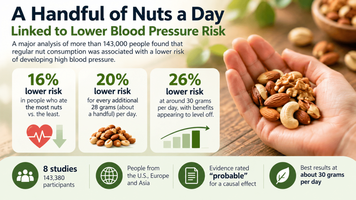 Infographic showing a handful of nuts and findings linking daily nut consumption to a 16% to 26% lower risk of high blood pressure.