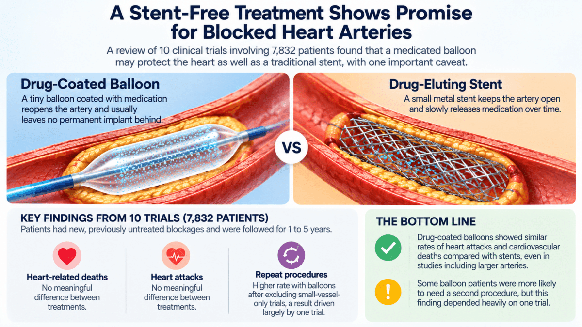 Medical infographic comparing drug-coated balloons and heart stents, showing similar heart attack and cardiovascular death rates but differences in repeat procedures.
