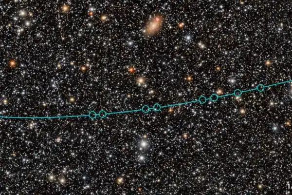 This image shows a portion of the orbital pathway of newly discovered dwarf planet candidate 2026 ED138 (ED138), as observed by NSF–DOE Vera C. Rubin Observatory. This image is a composite of multiple images captured by Rubin between 1 and 31 May 2026 at intervals indicated by the teal circles. ED138 is visible at the center of each circle.