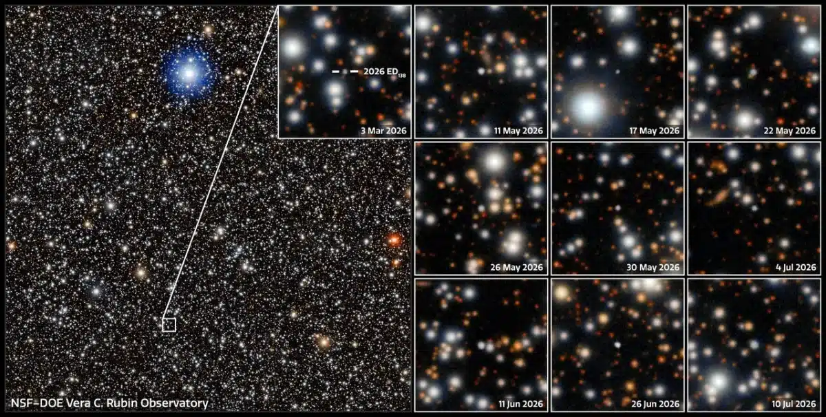 A mosaic of images captured by NSF–DOE Vera C. Rubin Observatory of the newly discovered dwarf planet candidate 2026 ED138 (ED138).