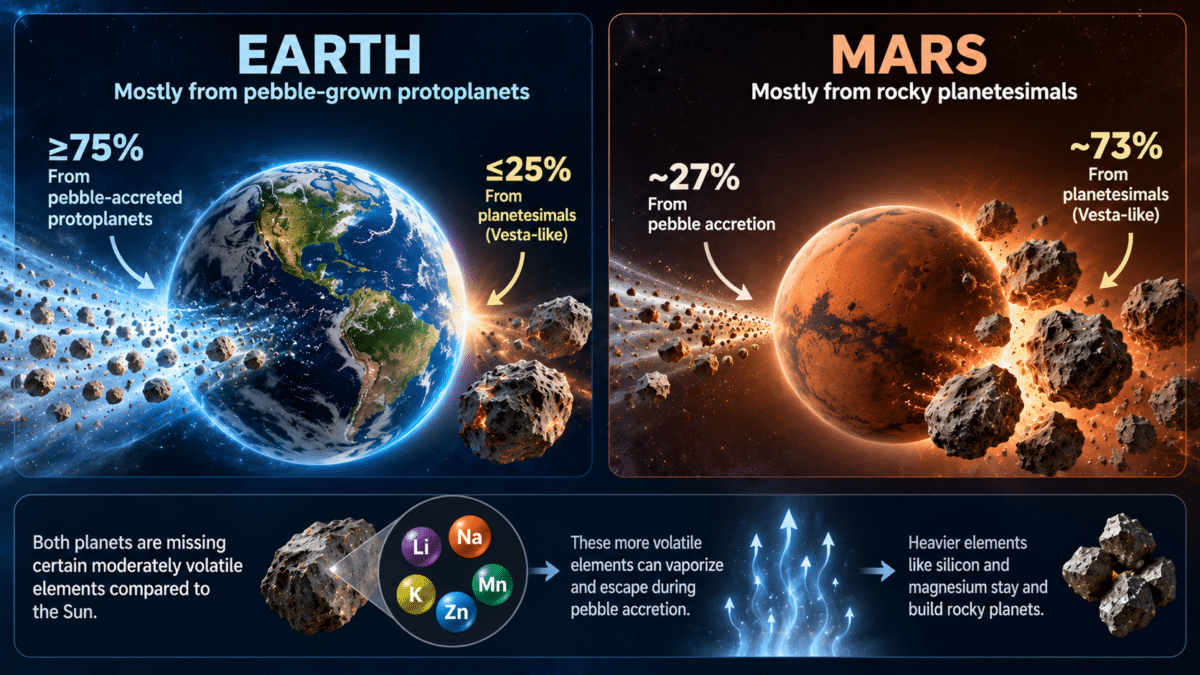 Infographic comparing Earth and Mars formation, with Earth mostly from pebble-grown protoplanets and Mars mostly from rocky planetesimals.