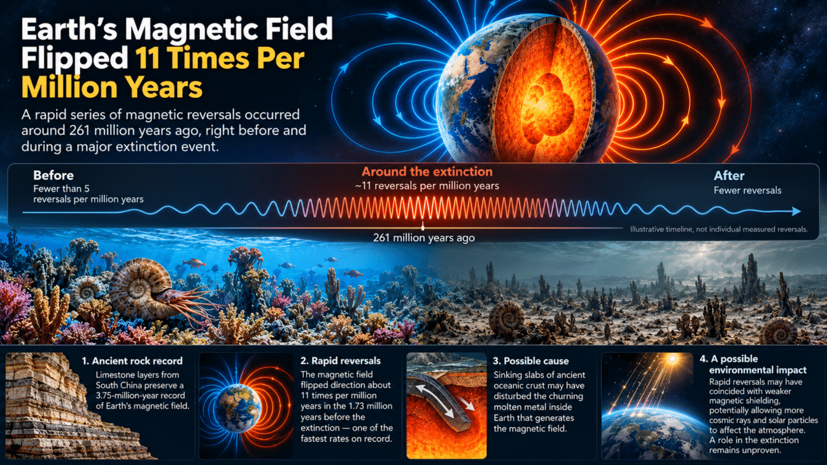 Infographic showing Earth's magnetic field reversing about 11 times per million years around 261 million years ago, near a mass extinction.