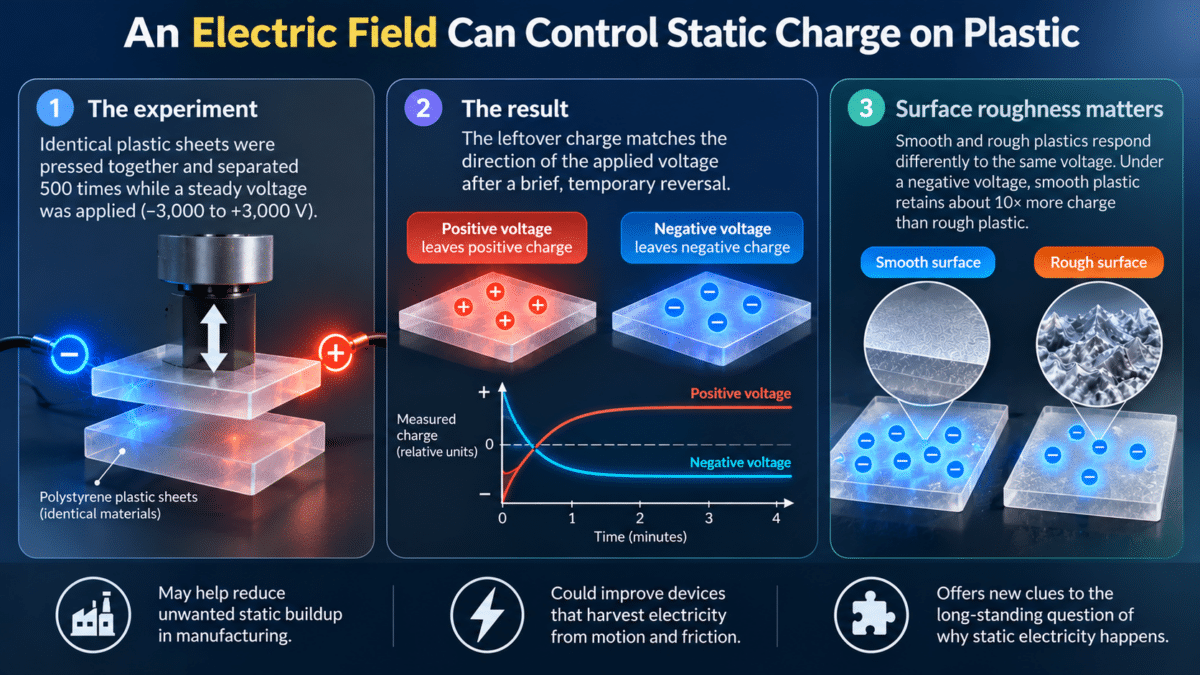 Infographic showing how electric fields control and reverse static charge on plastic, with results comparing smooth and rough surfaces.
