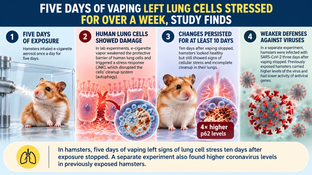 Infographic showing how five days of vaping caused lingering lung cell stress and weakened antiviral defenses in hamsters.