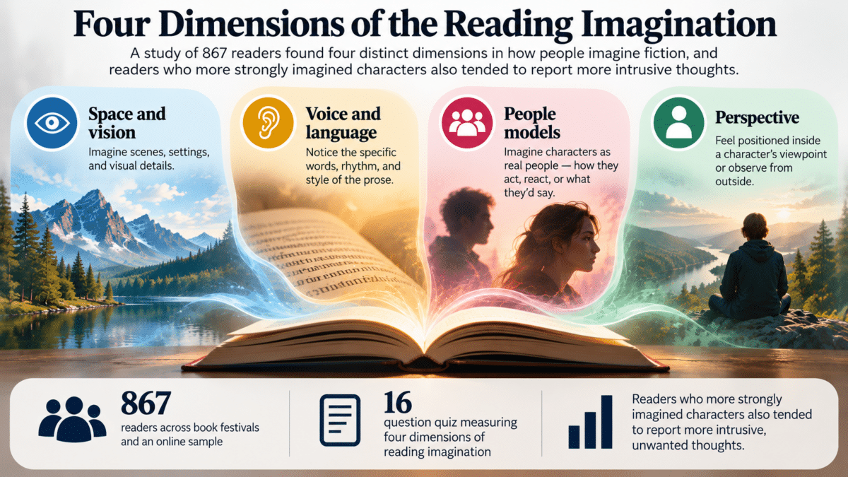 Infographic showing four dimensions of reading imagination: space and vision, voice and language, people models, and perspective, based on a study of 867 readers.