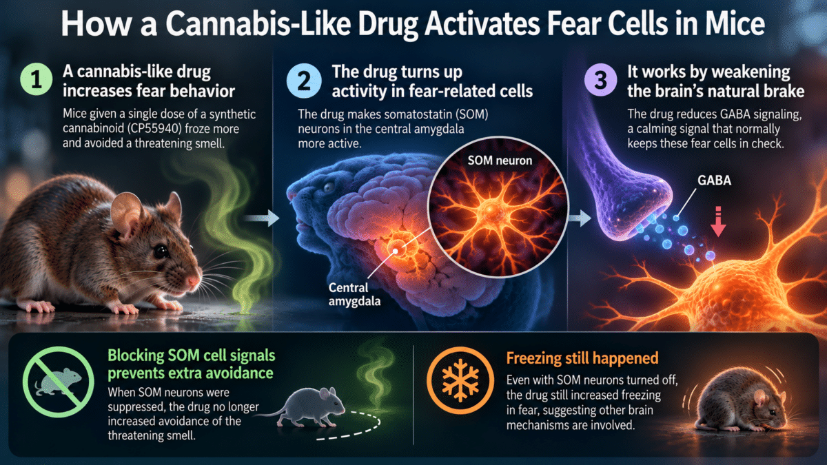 Infographic showing how a cannabis-like drug activates fear-related brain cells in mice by weakening GABA signaling, increasing freezing and threat avoidance.