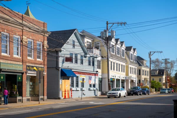 Historic commercial buildings on Waltham Street at Massachusetts Avenue in historic town center of Lexington, Massachusetts.