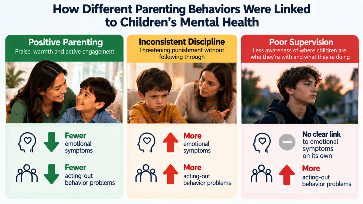 Infographic showing how positive parenting, inconsistent discipline, and poor supervision were linked to children’s emotional and behavior problems.