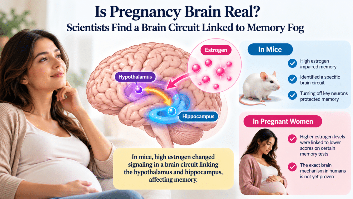 Infographic showing how high estrogen may affect a memory-related brain circuit in mice, with possible links to pregnancy brain fog in women.