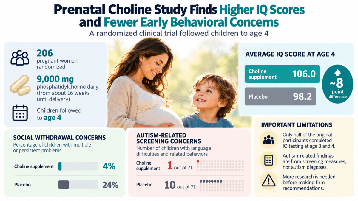 Infographic showing higher average IQ scores and fewer early behavioral concerns among children whose mothers took prenatal choline supplements.
