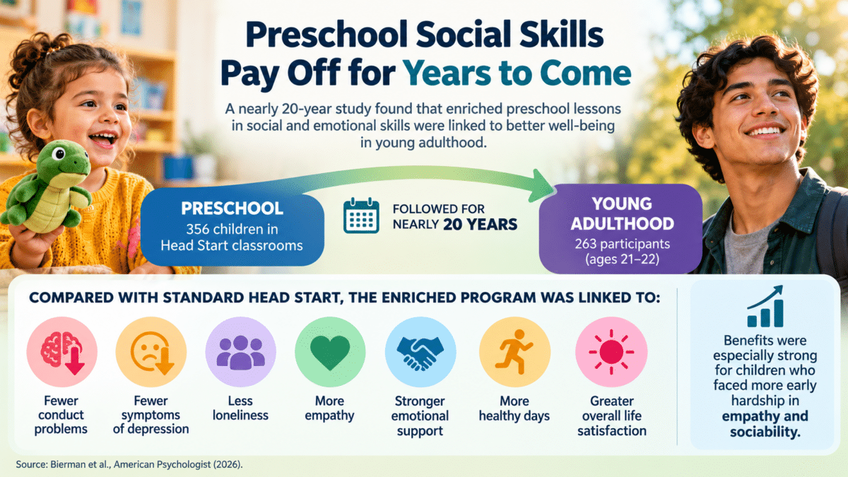 Infographic showing how enriched preschool social and emotional lessons were linked to seven improvements in mental health and well-being nearly 20 years later.
